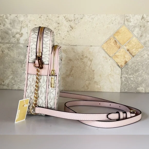 Michael Kors Jet Set Travel MD Flight Chain Crossbody Bag MK Vanilla/Pink - Picture 4 of 15